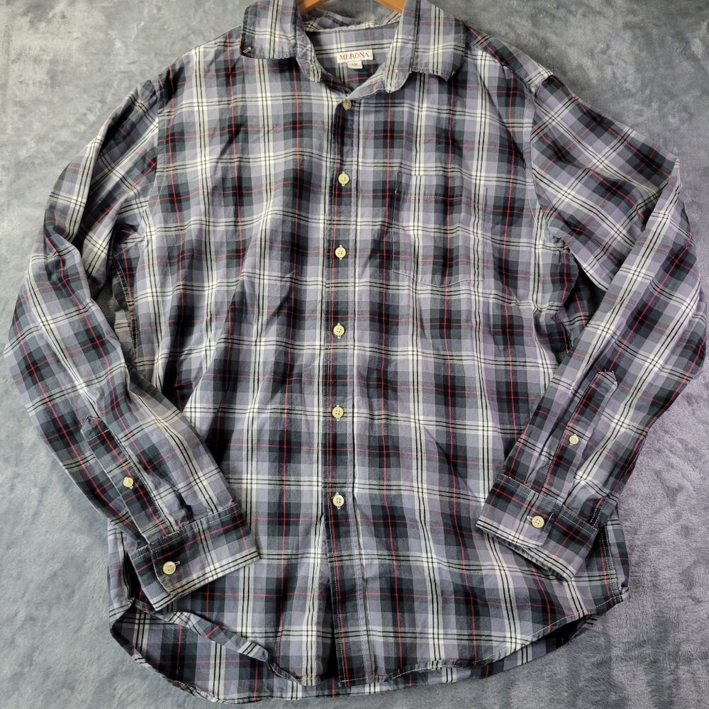 Merona Men’s Plaid Button Up Shirt L Gray Red‎ Long Sleeve Casual Flannel Look